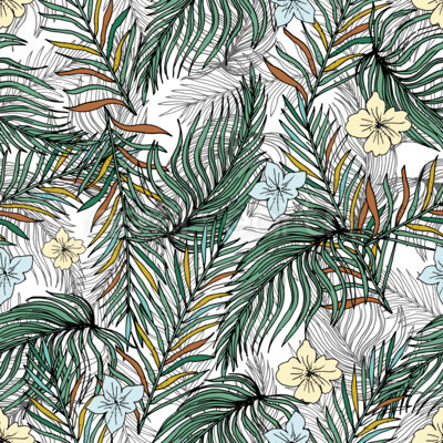 Tropically Palm Leaves and Flowers