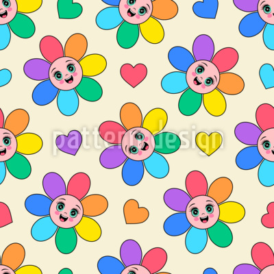 Flores y corazones del arcoíris kawaii Estampado Vectorial Sin Costura