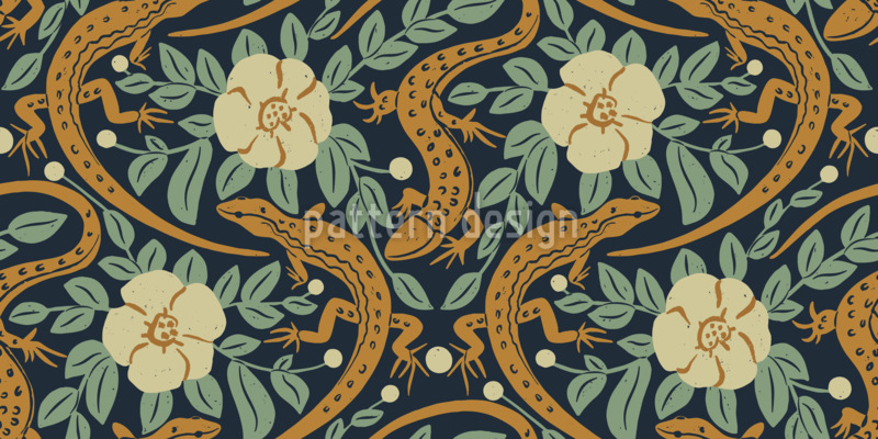 Lizards Among Roses Seamless Vector Pattern Design