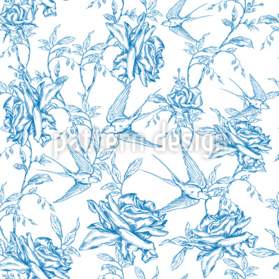 Golondrinas en el jardín de rosas Estampado Vectorial Sin Costura