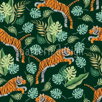 Tigres en un frondoso bosque tropical Estampado Vectorial Sin Costura