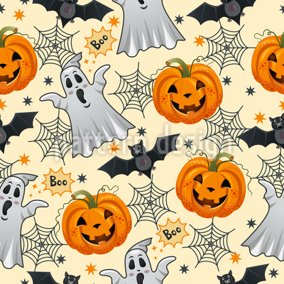 Encantadores espíritus y calabazas de Halloween Estampado Vectorial Sin Costura