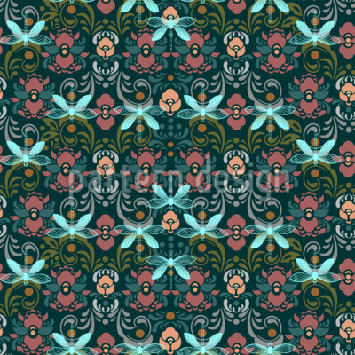 Libélula en el jardín encantado Estampado Vectorial Sin Costura