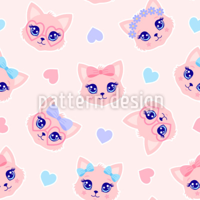 Gatos y corazones kawaii Estampado Vectorial Sin Costura