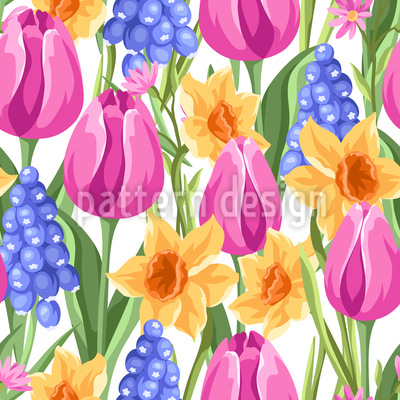 Tulipanes Muscari y narciso Estampado Vectorial Sin Costura